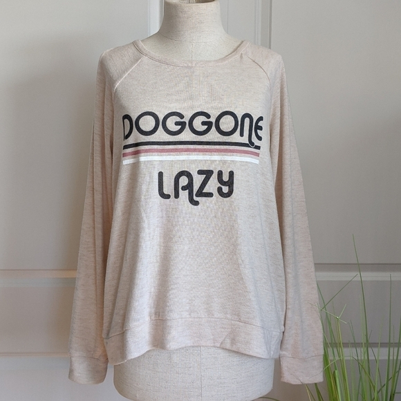 PJ Salvage Tops - PJ Salvage Doggone Lazy Print Lounge Pullover Long Raglan Sleeve Oatmeal M NWT